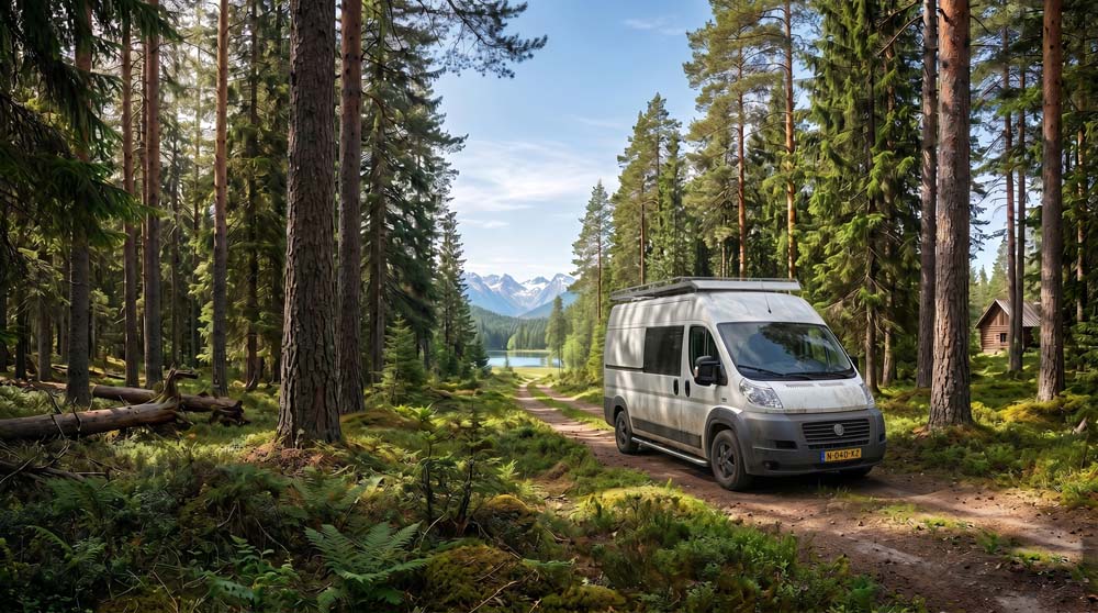 De bus in een bos met bergen op de achtergrond